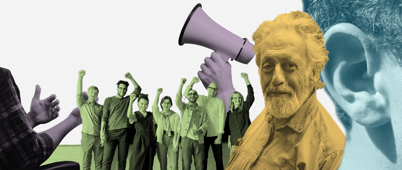 Eine Collage mit einer bunt gemischten Gruppe von Menschen, die ihre Fäuste in Solidarität erheben, einer Person, die in ein Megafon spricht, und einem lächelnden älteren Mann. Im Hintergrund ist ein großes Ohr zu sehen, das das Zuhören symbolisiert. Der Hintergrund ist hellgrau und hebt jedes Element in einer farbigen Überlagerung hervor.
