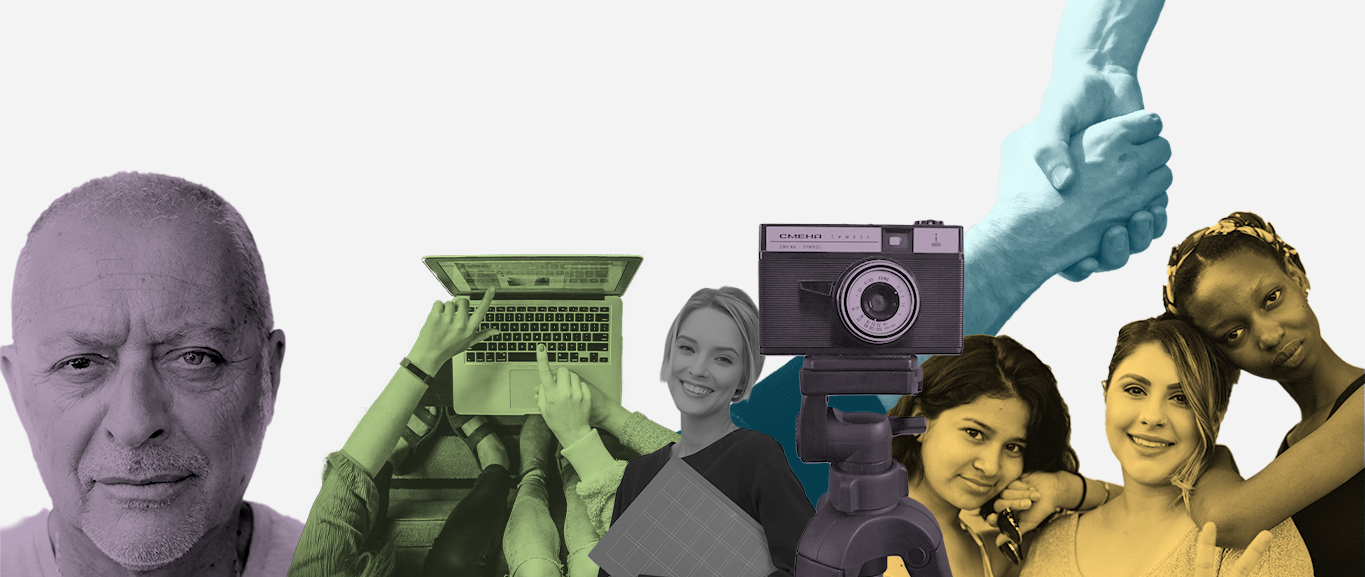 Collage mit einem monochromen Porträt eines älteren Mannes, Menschen, die einen Laptop benutzen, einer Vintage-Kamera auf einem Stativ, einer jungen Frau, die ein Buch hält, einem Trio, das für ein Selfie posiert und einem Ausschnitt eines Händedrucks. Der Hintergrund ist hellgrau und hebt jedes Element in einer farbigen Überlagerung hervor.